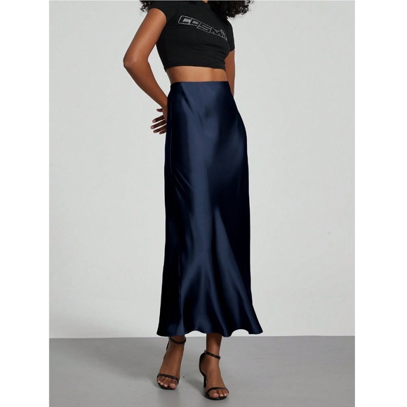 Navy Blue Satin A-Line Skirt High Waisted Long - Picture 5 of 9